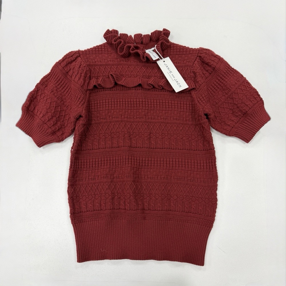 Janie and Jack Girls Burgundy Short Sleeve Ruffle Knit Blouse Top Size 7 NWT